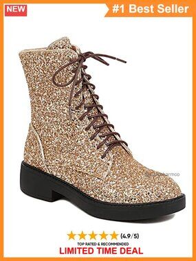 Womens Lace Up Glitter Sequin Combat Boots Chunky Low Heel Ankle Booties